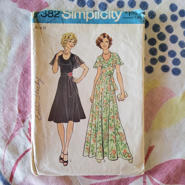 Simplicity 7382 Cut Complete or UC FF  Vintage 70s Sewing Pattern Maxi or Midi Dress Sheer Flutter Overlay Sleeves Romantic  Multi Sizes Avl