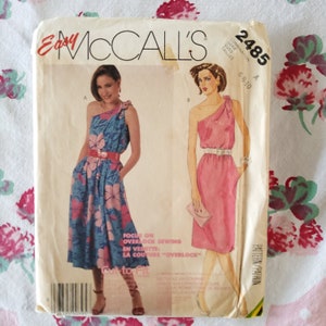 McCalls 2485 Complete Uncut Factory Folds Vintage 80s Sewing Pattern Knit Cold Shoulder Dress Full or Straight Skirt Sz 6-10 Bust 30.5-32.5