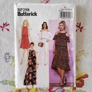 Butterick P298 / 6452 Complete Uncut Factory Folds Contemporary Sewing Pattern Cold Shoulder Jumpsuit Midi Maxi Dress or Sleeveless 6-14