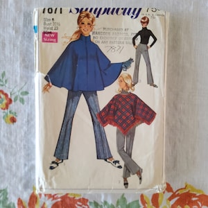 Simplicity 7871 Cut Complete Vintage 60s Sewing Pattern Ponchos and Bell Bottom Pants For Misses Size 8 Waist 23