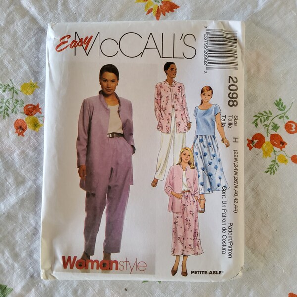 McCalls 2098 Complete Uncut Factory Folds Vintage 90s Sewing Pattern Loose Fit Band Collar Shacket High Waist Pants Full Cut Skirt  22W-26W