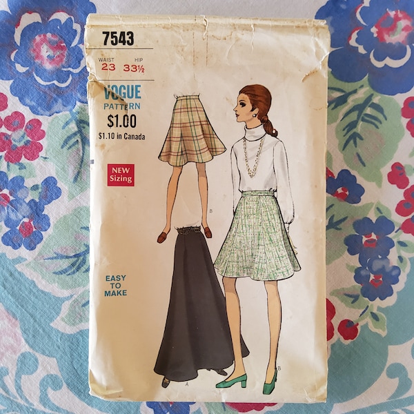 Vogue 7543 Cut Complete Vintage 60s A Line Skirt Midi or Maxi Only Five Pattern Pieces Size Waist 23 Hip 33.5