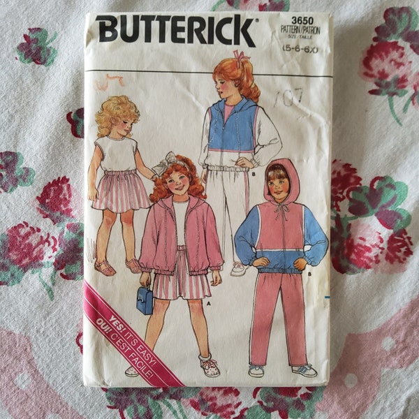 Butterick 3650 Complete Uncut Factory Folds Vintage 80s Sewing Pattern Kids Play Athletic Clothes Hoodies Pants Skirts Size 5-6X 24-25.5