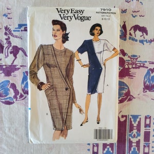 Vogue 7910 Complete Uncut Factory Folds Vintage 90s Sewing Pattern Sheath Dress Shoulder Pads Illusion Front Size 8-12 Bust 31.5-34
