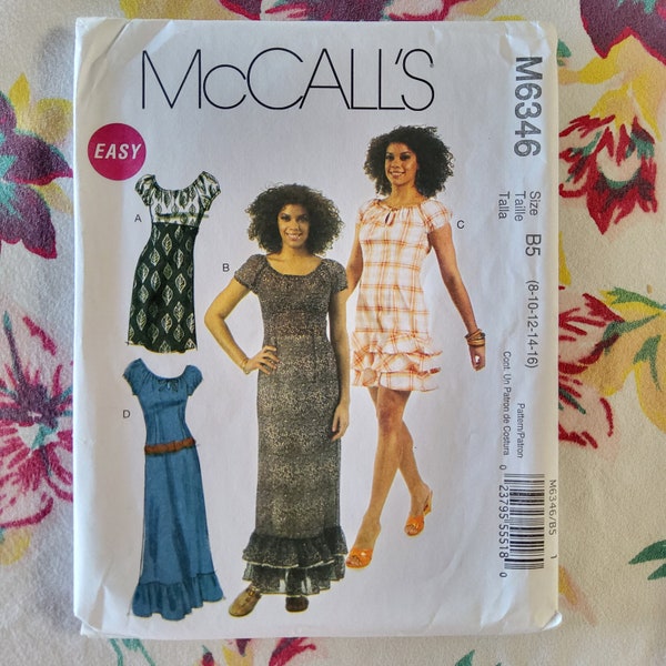 McCalls 6346 Complete Uncut Factory Folds Sewing Pattern Empire Waist  or Low Hip Maxi or Mini Ruffled Hemline Size 8-16 Bust 31.5-38