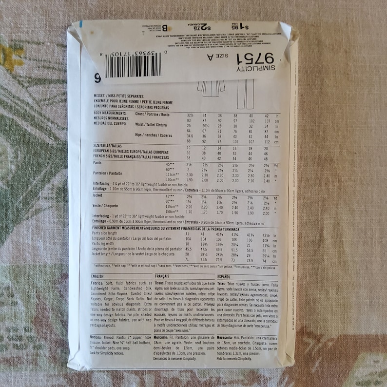 Simplicity 9751 Complete Uncut Factory Folds Vintage 90s Sewing Pattern ...
