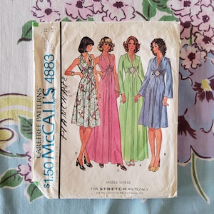 McCalls 4883 Cut Complete Vintage 70s Sewing Pattern Maxi Midi Plunge Neck Sexy Dresses Ruched Empire Waist Size 12 Bust 34