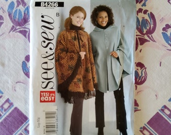 Butterick 4266 Complete Uncut Factory Folds Sewing Pattern See & Sew Hooded Poncho Shawl Outerwear Multiple Sizes Available