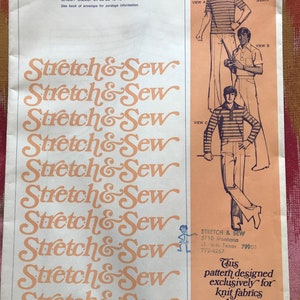 May include: Vintage sewing pattern for a men's T-shirt and tab front shirt. The pattern, labeled 1750, includes chest sizes 34-48 inches. The cover features illustrations of the shirt designs and the text "Stretch & Sew".