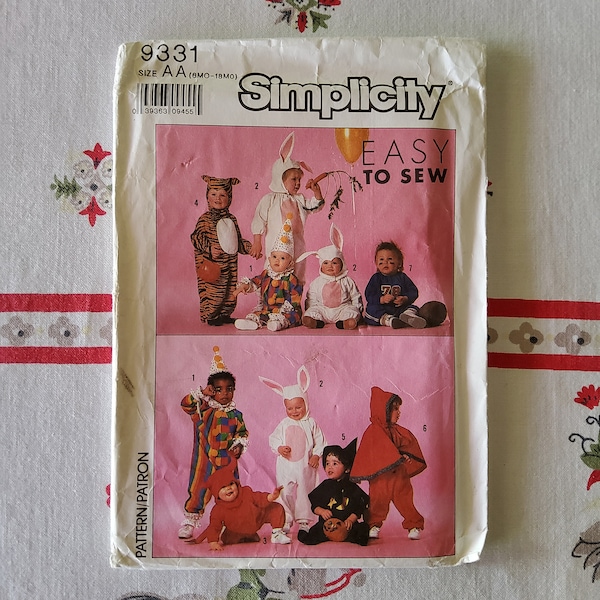 Simplicity 9331 Complete Uncut Factory Folds Vintage 80s Sewing Pattern Halloween Costumes for the Babies Tiger Football Clown Rabbit More