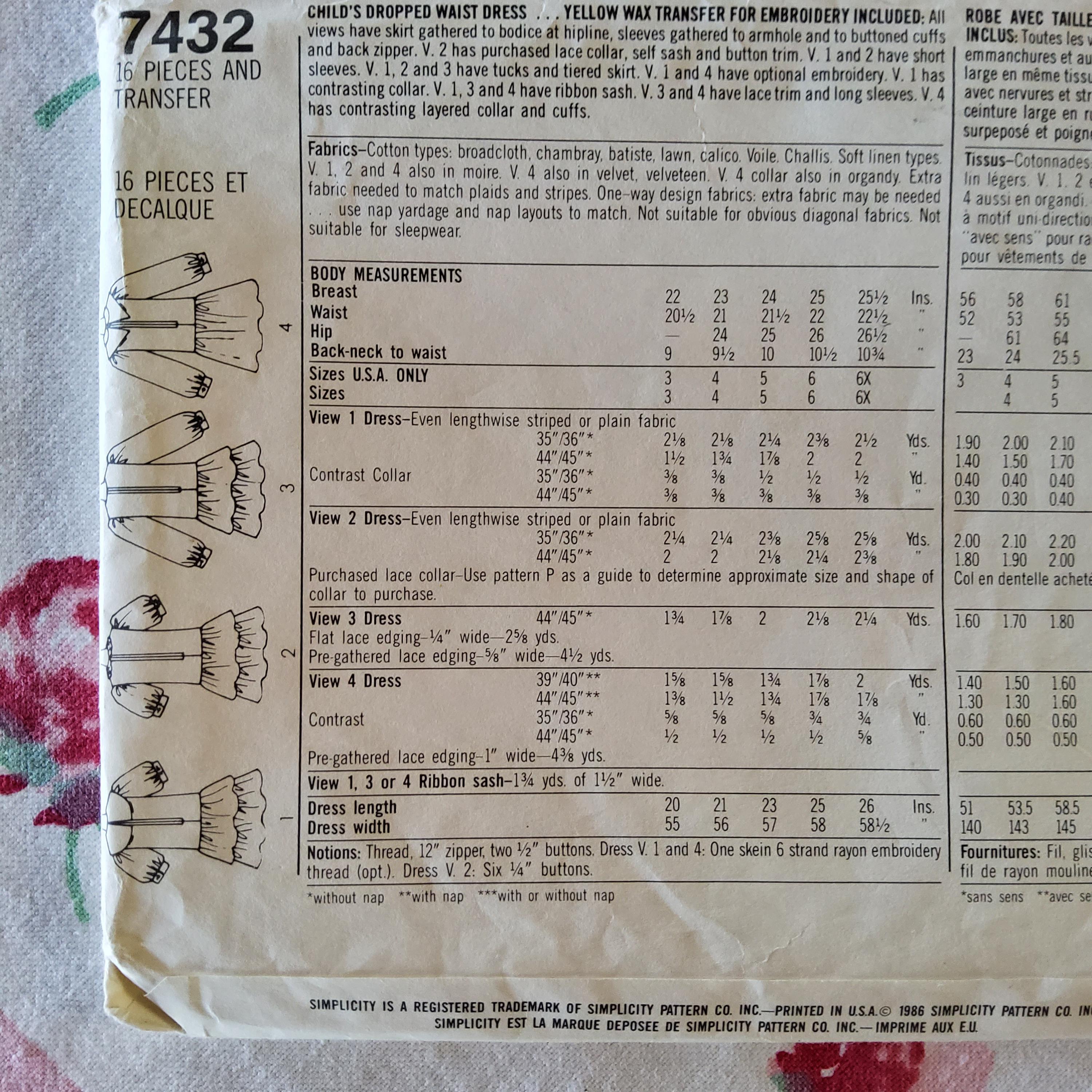 Simplicity 7432 Complete Uncut Factory Folds Vintage 1986 80s Sewing ...