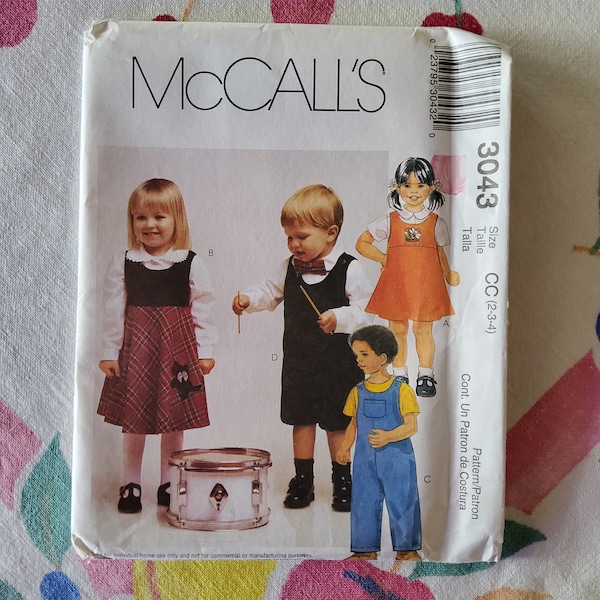 McCalls 3043 Complete Uncut Factory Folds Vintage Y2K Sewing Pattern Toddler Clothes Dressy or Play Unisex Jumper Playsuit Overalls Size 2-4