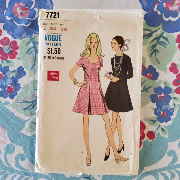 Vogue 7721 Cut Complete Vintage 60s Sewing Pattern Scooter Style Dress Day or Evening Scoop or Square Neck Drop Waist Pleated Skirt Sz 12 34