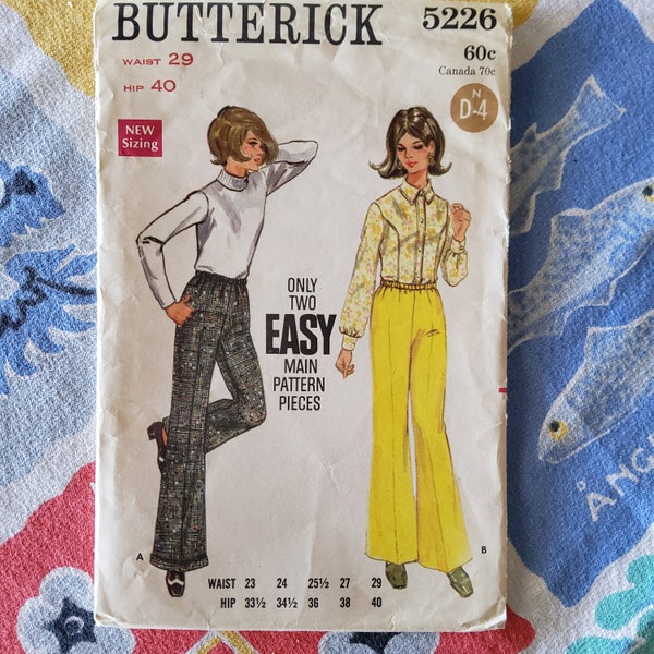 Butterick 5226 Cut Complete Vintage Late 60s Mmmmmaybe Early 70s Sewing Pattern Elastic Waist Wide Leg Pants Truly Awful Size W29 H40