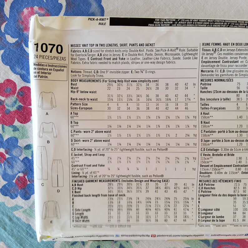 May include: A sewing pattern for a knit top, skirt, pants, and jacket. The pattern includes instructions for sizes 4 to 20. The pattern is for misses and includes measurements in inches.
