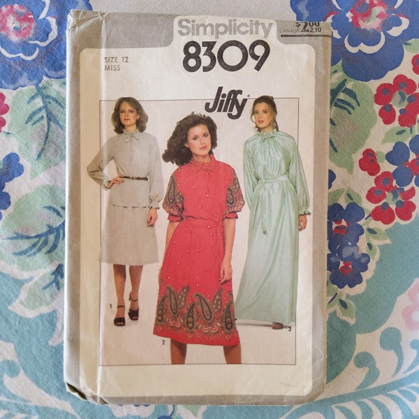 Simplicity 8309 Cut Complete Vintage 70s Sewing Pattern High Neck Blouson Dress Maxi Midi or Two Piece Size 12 Bust 34