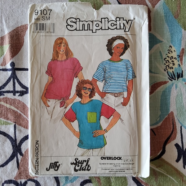 Simplicity 9107 Complete Uncut Factory Folds Vintage 80s Sewing Pattern Jiffy Serger Surf Club Oversized Tee Shirt Size S Bust 32.5-34
