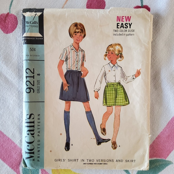 McCalls 9212 Cut Complete Vintage 60s Sewing Pattern Kids Skirt Blouse A Line Above Knee Skirt Short or Long Sleeve Blouse Size 8 Chest 27