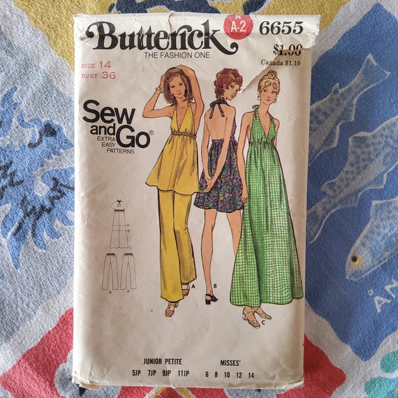 Butterick 6655 Cut Complete Vintage 70s Sewing Pattern Halter Top Dress or  Dress Over Pants Sexy Braless Multiple Sizes Available 