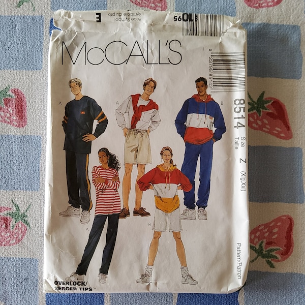 McCalls 8514 Complete Uncut Factory Folds Vintage 90s Sewing Pattern Rugby Hoodie Sweatshirt Style Athletic Wear Unisex Size XL XXL 42-48