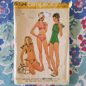 Simplicity 5694 volledige ongesneden fabrieksplooien vintage jaren 70 naaipatroon hete zomer bikini&#39;s halter bandeau of halter uit één stuk maat 12 34
