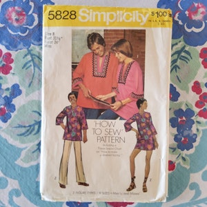 Simplicity 5828 Cut Complete Vintage 70s Sewing Pattern Tunic Tops African Style Slashed Facing Size 8 Chest 31.5