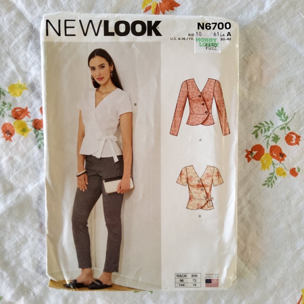 New Look 6700 Complete Uncut Factory Folds Sewing Pattern Peplum Faux Wrap Angled Placket Blouse Romantic Summery Size 4-16 Bust 29.5-38