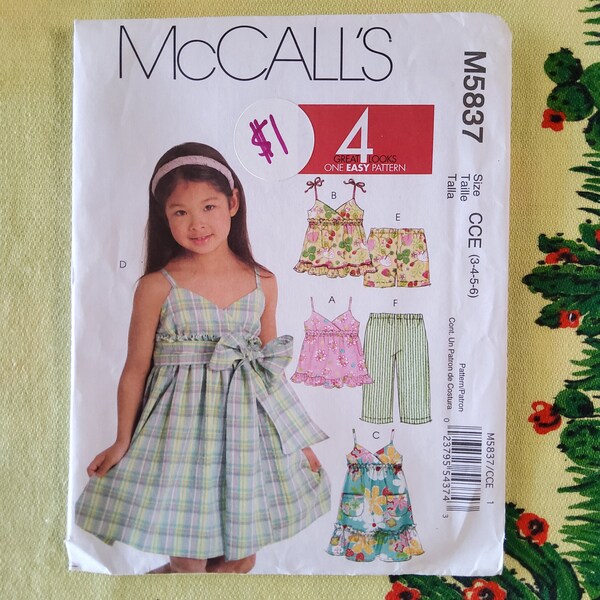 McCalls 5837 Complete Uncut Factory Folds Sewing Pattern Kis Surplice Bodice Sundress Top Pedal Pushers Shorts Size 3-6 Chest 23-25