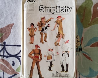 Patrón de costura Simplicity 7642 de 2 piezas, corte de fábrica, pliegues, vintage, años 80, 1986, disfraces de El Llanero Solitario, nativos, colonizadores, talla M