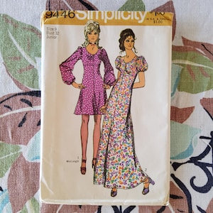 Simplicity 9446 Complete Uncut Factory Folds Vintage 1971 70s Sewing Pattern Empire Waist Maxi and Mini Dresses Puff Sleeves Sz 9 Jr Bust 32