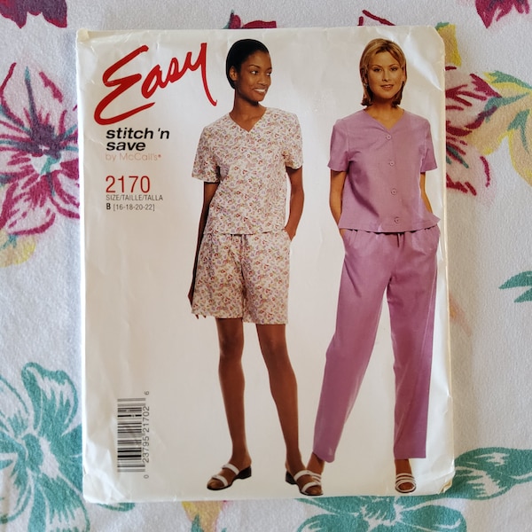 McCalls Stitch 'n Save 2170 Complete Uncut Factory Folds Vintage 90s Sewing Pattern Loose Fit Button Up Top Pants Shorts Sz 1-22 Bust 38-44