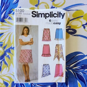 Cartamodello Simplicity 5100 completo, non tagliato, con pieghe di fabbrica, stile vintage Y2K, per gonne con variazioni di orlo, taglie 14-20, vita 28-34.