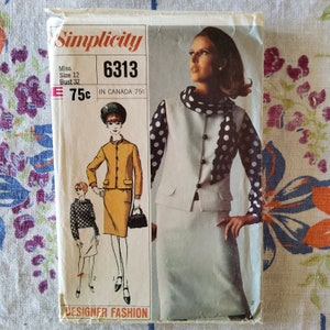 May include: Simplicity sewing pattern number 6313 for a skirt and jacket set. The pattern is for a size 12, bust 32. The pattern shows a woman wearing a white waistcoat with a black and white polka dot blouse and a matching skirt. The pattern also shows a woman wearing a yellow jacket and skirt set.