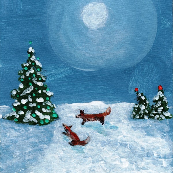 One of a Kind Hand Painted Small Art of Two Fox Inspecting an Evergreen with Twinkling Christmas Lights In the Landscape under the Moon