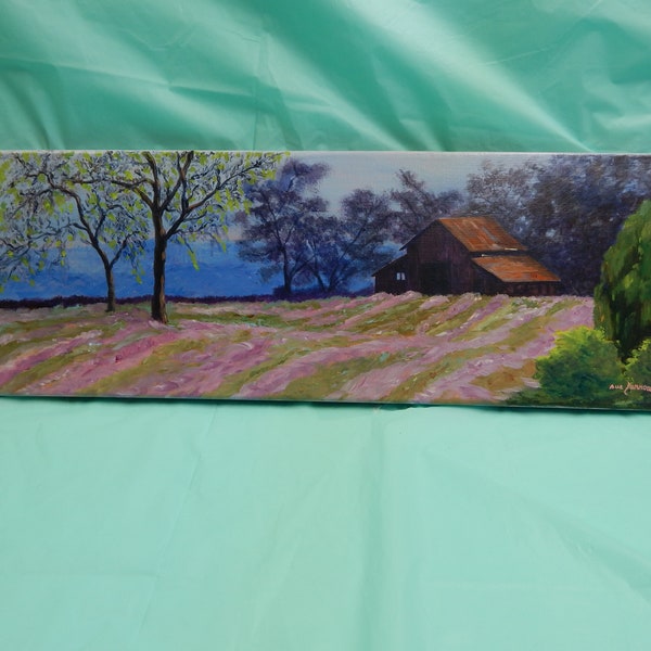 Original Art Painting Heather Farm 8"x24" Stretched Canvas Varnished Ready to Hang or Gift Shades of Purple Pink Barn Trees Nature
