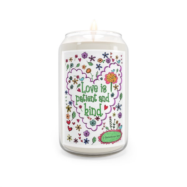 Inspiring Bathroom Decor Scented Candle, 13.75oz "LOVE Is Patient & Kind" 1st Corinthians 13:4 Pastor Gift Wife Secretary Teacher