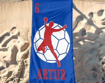 Personalisiertes übergroßes Strandtuch mit Name und Nummer · Schnelltrocknendes Handball-Silhouette-Design · Ästhetisches Sommergeschenk für Handball-Fans