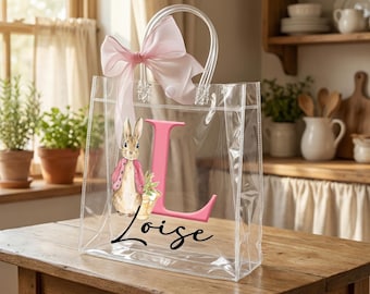 Personalized Name Peter Rabbit Alphabet Easter Gift Bag with Pink Bow Ribbon, PVC Clear Easter Egg Hunt Bag, Birthday/Easter Gift for Kids