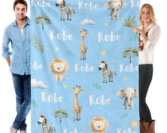 Personalized Jungle Giraffe Elephant Soft Throw Blanket With Name