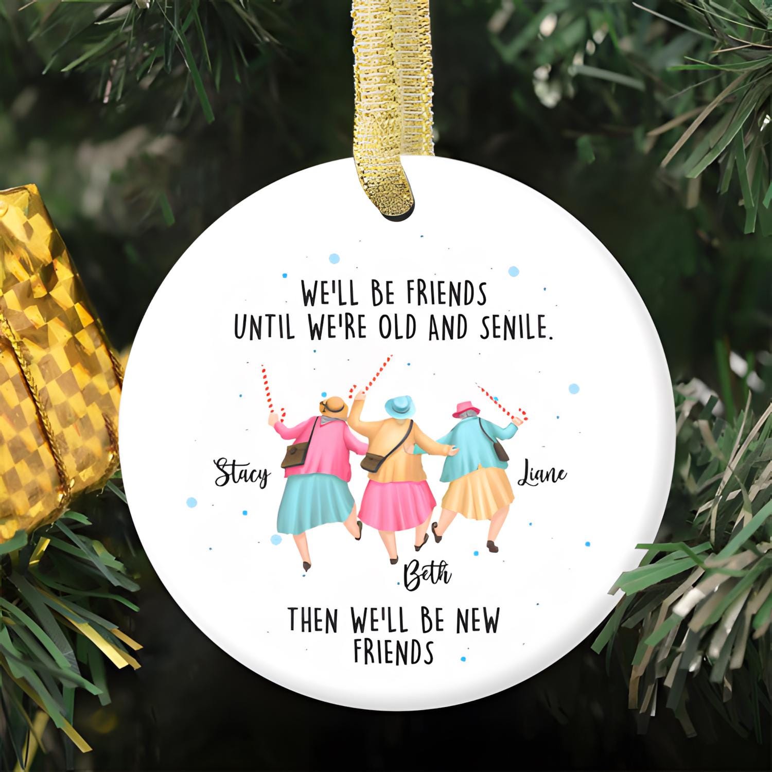 Freundschafts-Geschenk Tasche – „We’ll Be Friends Until We’re Old And Senile“, 100% Baumwollleinen, 23x18 Cm