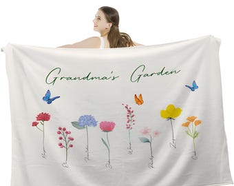 Personalized Family Watercolor Flowers Fleece Blanket Christmas Day Mother's Day Gift for Grandmother Mother
