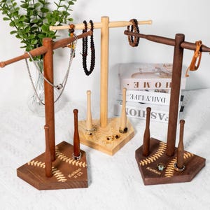 Personalized Baseball Softball Wooden Necklace Ring Holder with Engraved Name and Number Birthday Game Day Team Gift for Sport Lovers