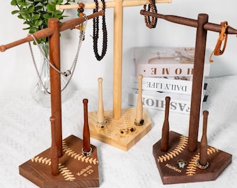 Collar de madera personalizado con soporte para anillo de béisbol/softbol, con nombre y número grabados. Regalo ideal para amantes del deporte, para cumpleaños, partidos y para el día del partido.
