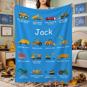 Personalized Work Vehicles Construction Trucks Kids Blanket with Name for Boys Girls Truck Lover Couch Sofa Bed Decor