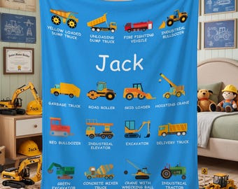Gepersonaliseerde werkvoertuigen bouwvrachtwagens kinderdeken met naam voor jongens meisjes vrachtwagen minnaar bank slaapbank decor