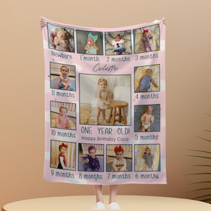 Personalized 1-12 Month Baby Photos Soft Throw Blanket with Name and Date Room Decor Birthday Gift for Baby