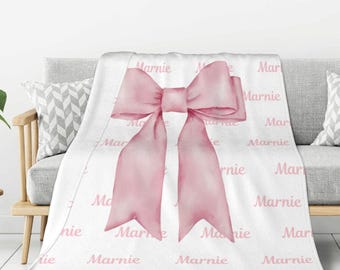 Personalized Girly Pink Coquette Bow Soft Throw Blanket with Repeating Names Trendy Home Decor Birthday Gift for Women Girls