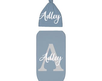 Personalized Baby Swaddle and Knot Hat Set: Floral Initial Cotton Newborn Gift