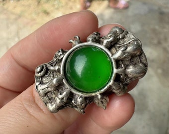 Vintage Chinese Green Jade Figurine With Wooden Base, 7 1/4
