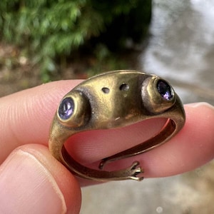 Könnte beinhalten: Ein Ring aus Messing in Form eines Frosches mit lila Edelsteinaugen. Der Ring hat ein detailliertes Froschgesicht mit zwei runden Augen und einem kleinen Mund. Der Ring ist so gestaltet, dass er wie die Beine und Füße des Frosches aussieht.